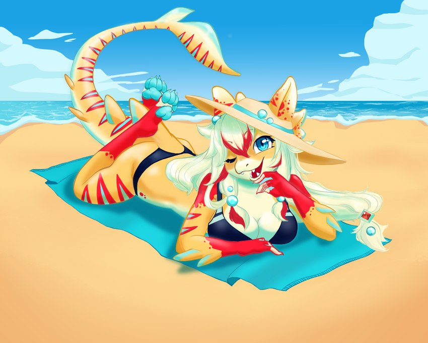 4_toes 5_fingers anthro barefoot beach bikini blue_eyes blue_pawpads breasts claws clothing cloud detailed_background fangs feet female fingers hair half-closed_eyes hat headgear headwear looking_at_viewer lying membrane_(anatomy) narrowed_eyes on_front open_mouth orange_body orange_skin outside pawpads paws plantigrade red_body red_hair red_skin sand sea seaside sky soles solo swimwear teeth toes towel two-piece_swimsuit water wave webbed_feet white_hair unknown_artist sushi_(sootsprite) fish marine shark 2022 5:4 hi_res