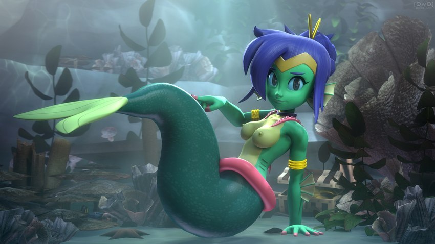 alternate_form arm_support armlet blue_hair breast_squish breasts crown ear_fins eyelashes female fin fingers hair hair_bun headgear monster_girl_(genre) navel nipples solo split_form squish tiara owo_sfm shantae_(series) wayforward shantae shantae_(mermaid_form) animal_humanoid fish fish_humanoid humanoid marine marine_humanoid merfolk 16:9 3d_(artwork) 4k absurd_res digital_media_(artwork) hi_res source_filmmaker_(artwork) widescreen