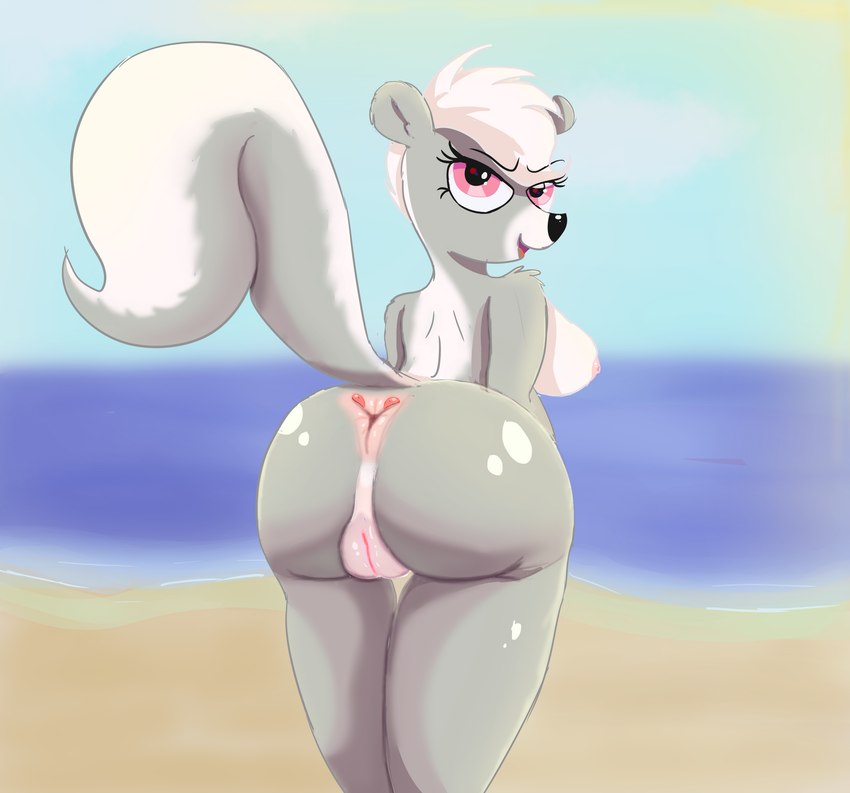 anal_glands anthro anus beach big_breasts big_butt breasts butt female fur genitals grey_body grey_fur hair huge_butt looking_at_viewer looking_back nipples nude nude_beach open_mouth outside pink_eyes presenting presenting_hindquarters pussy raised_tail sand scent_gland seaside solo tail water white_hair hell99999 hasbro littlest_pet_shop littlest_pet_shop_(2012) pepper_clark mammal mephitid skunk absurd_res hi_res