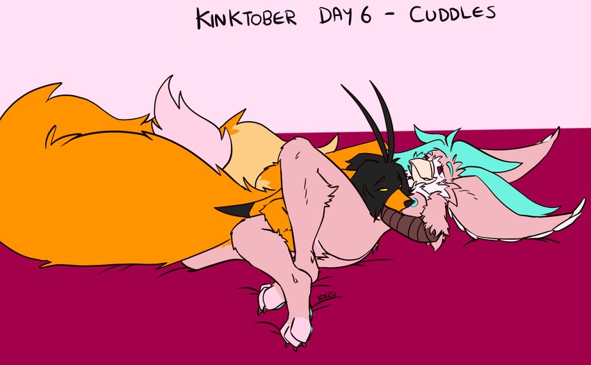 anthro cuddling duo female fur intimate laying_together lying lying_on_breasts male male/female on_back orange_body orange_fur pink_body pink_fur koeru mythology enji_arklight koeru_(koeru) avian canid canine fennec_fox fox gryphon mammal mythological_avian mythological_creature true_fox