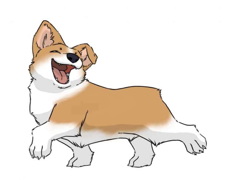 ambiguous_gender claws feral fur happy open_mouth simple_background smile solo tan_body tan_fur teeth tongue walking white_body white_fur cartoonjunkie canid canine canis domestic_dog herding_dog mammal pastoral_dog welsh_corgi