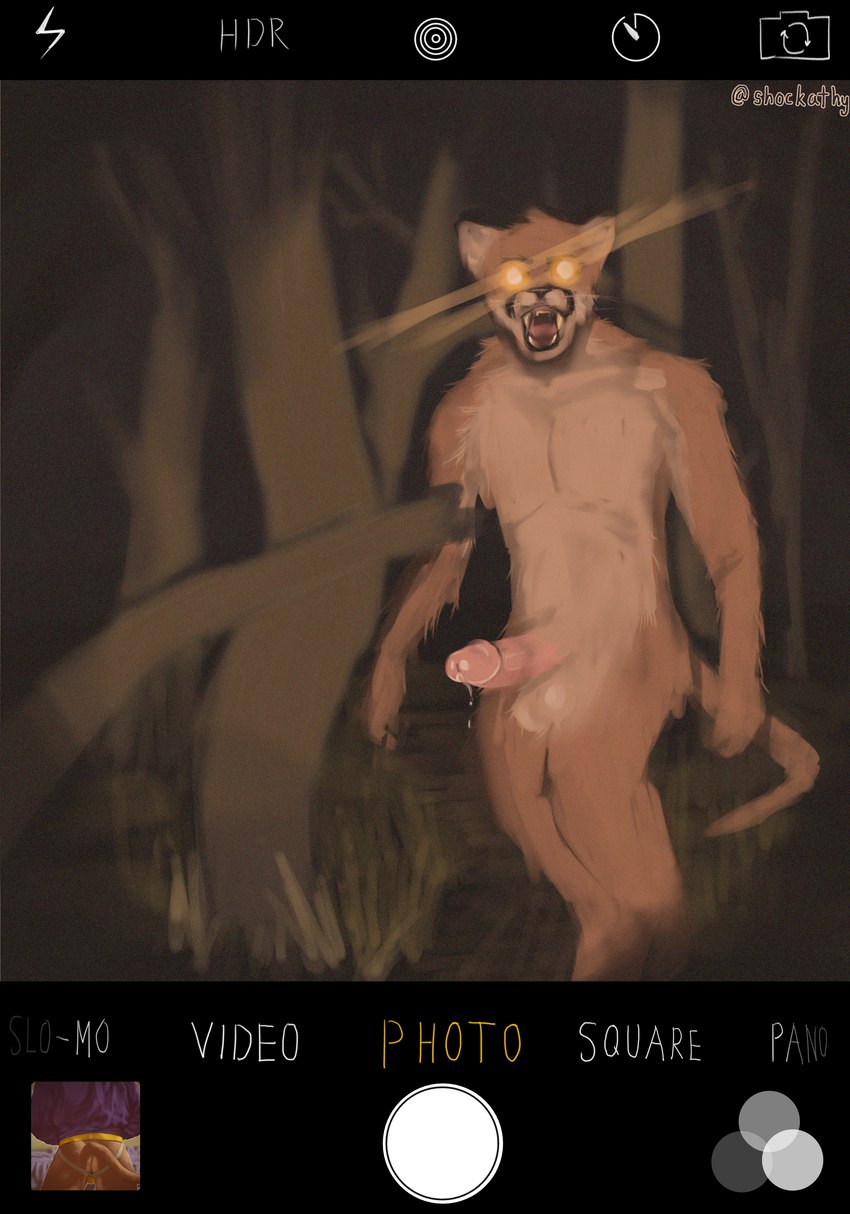 anthro ball_tuft balls bared_teeth bodily_fluids branch brown_body brown_fur camera_flash camera_hud circumcised circumcision_scar countershading detailed_background digitigrade dripping ears_up erection forest fur genital_fluids genital_scar genitals glistening glistening_eyes glistening_genitalia grass humanoid_genitalia humanoid_penis leaking_precum male muscular muscular_male nature night nude open_mouth orange_eyes outside penis phone_screen pink_penis plant precum precum_drip scar solo tail tan_body tan_countershading tan_fur text trail tree tuft whiskers shockathy cougar felid feline mammal werecreature werefelid absurd_res english_text hi_res signature