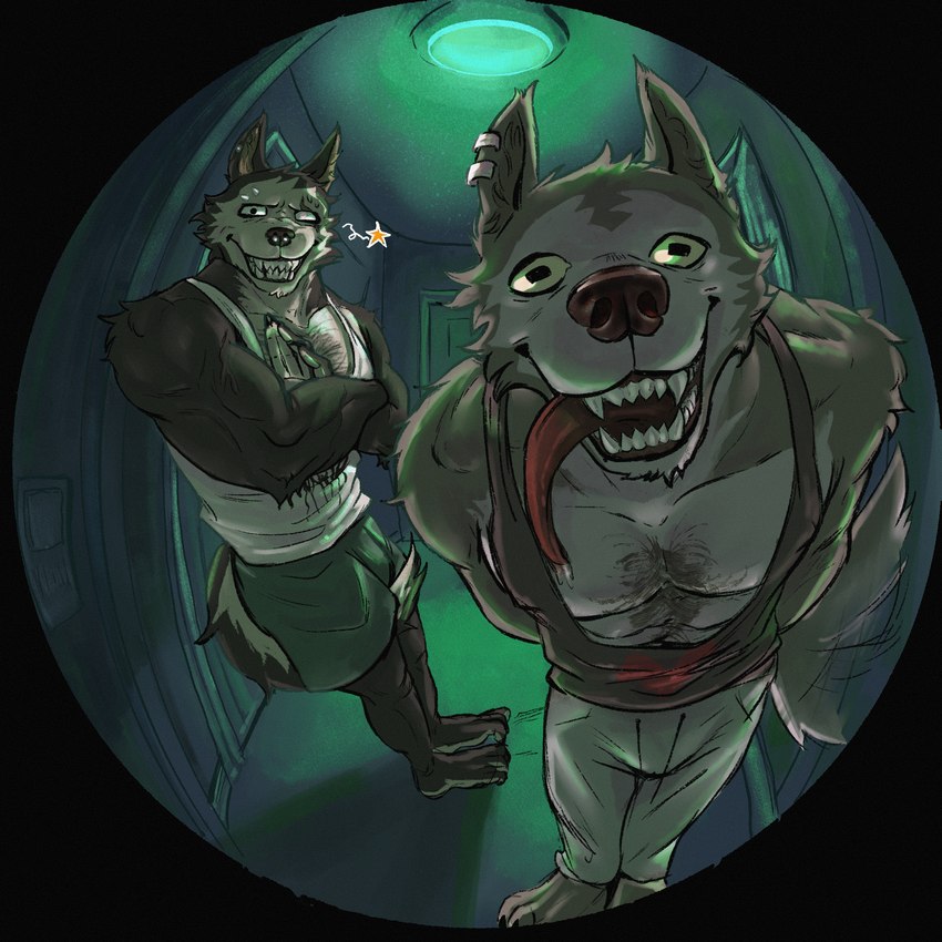 anthro biped blind_eye body_hair bottomwear chest_hair clothed clothing duo ear_piercing ear_ring fangs fisheye_lens fur hair inside looking_at_viewer male male/male male_anthro muscular muscular_anthro muscular_male open_mouth piercing ring_piercing shirt shorts smile standing tail tank_top teeth tongue tongue_out topwear puffer_puff puffy_wastaken creepypasta harry_(amon-sydonai) miles_(amon-sydonai) smile.dog canid canine canis domestic_dog mammal 1:1 2024 digital_drawing_(artwork) digital_media_(artwork) hi_res