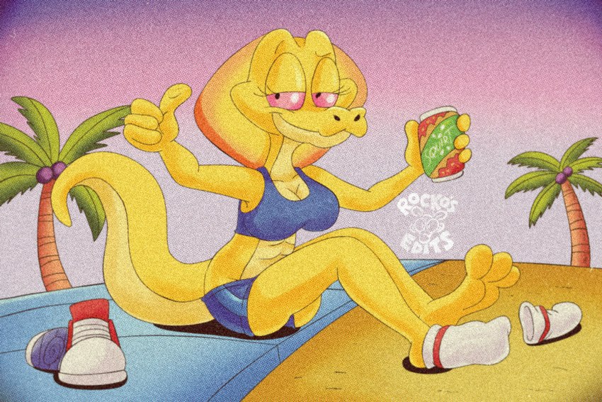 anthro beach beverage_can bra clothing feet female footwear gesture hand_gesture looking_at_viewer palm_tree plant red_sclera scales seaside shoes_removed simple_background socks socks_removed solo thumbs_up tree underwear yellow_body yellow_scales rockosedits sees_game sees cobra reptile scalie snake 3:2