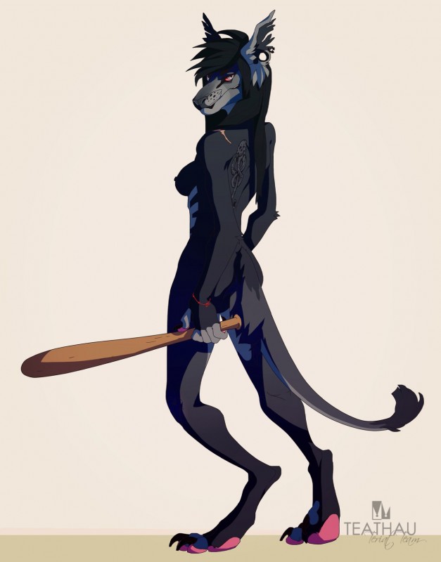 anthro baseball_bat bat_(object) breasts female fur hair looking_at_viewer nipples nude solo standing teaksamin canid canine mammal digital_media_(artwork) hi_res shaded