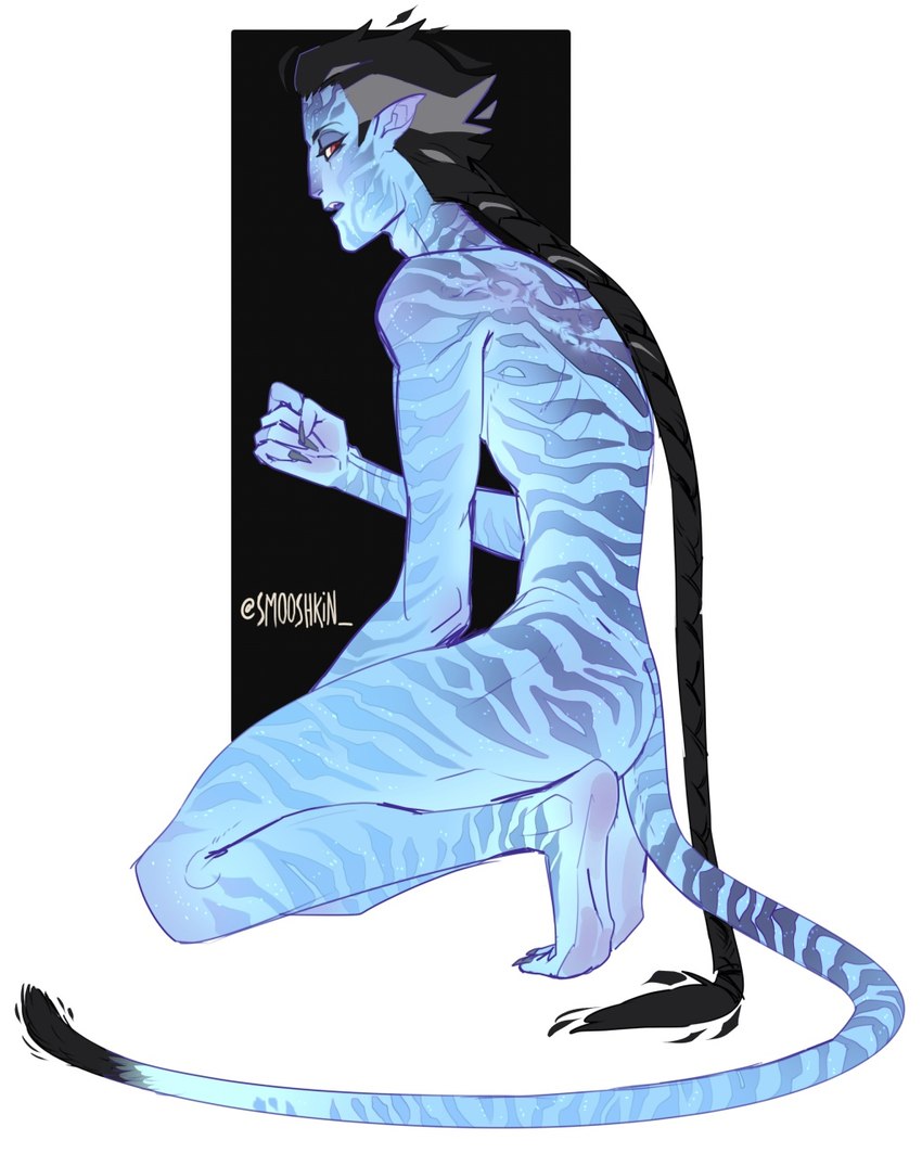 blue_body blue_skin claws feet hair humanoid_pointy_ears kneeling long_hair looking_at_viewer male not_furry nude pointy_ears simple_background slim solo striped_body stripes tail smooshkin james_cameron's_avatar alien alien_humanoid humanoid na'vi 4:5 hi_res