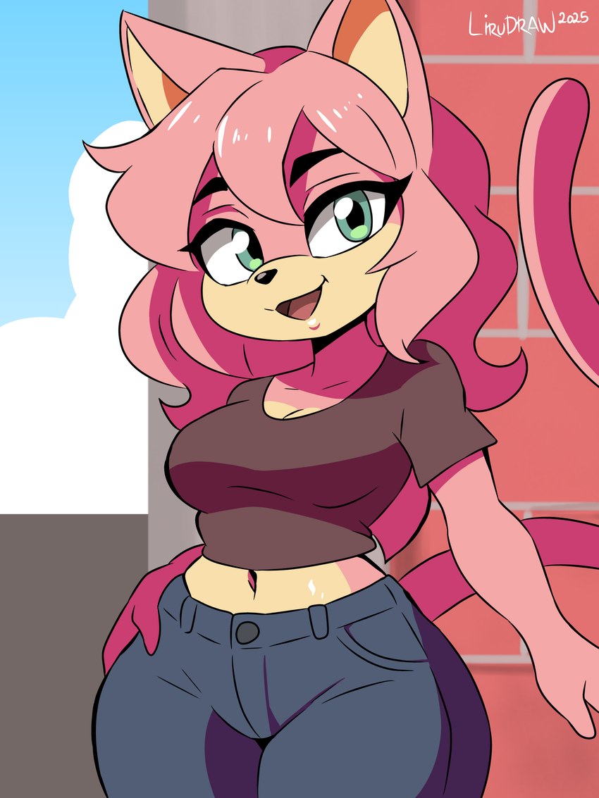 alternate_species anthro big_breasts breasts curvy_figure female hair hand_on_hip hourglass_figure midriff solo wavy_hair wide_hips lirudraw sega sonic_the_hedgehog_(series) amy_rose domestic_cat felid feline felis mammal absurd_res hi_res