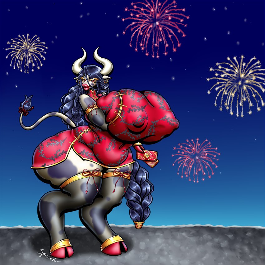 anthro asian_clothing big_breasts biped blue_hair braided_hair breast_expansion breasts chinese_clothing chinese_dress clothed clothing dress east_asian_clothing expansion female fireworks hair holidays hooves horn huge_breasts huge_lips looking_at_viewer night nipple_outline red_hooves single_braid solo standing tail tail_tuft tuft white_horn spacefur chinese_zodiac new_year year_of_the_ox bovid bovine cattle mammal 1:1 2021 digital_media_(artwork) signature