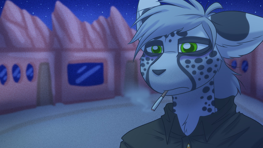 anthro cigarette clothed clothing green_eyes grey_hair hair male night outside sad solo star street ripli a_story_with_a_known_end sint_(hfd4) cheetah felid feline mammal 16:9 meme widescreen