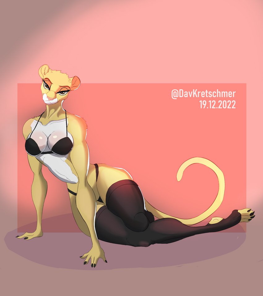 anthro brown_eyes clothing female fur legwear light_clothing looking_at_viewer solo thigh_highs white_body white_fur yellow_body yellow_fur neelam_(artist) felid feline mammal hi_res