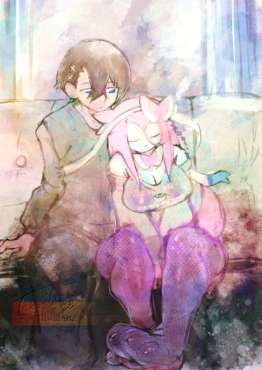 anthro big_breasts blue_eyes bow_(feature) breasts clothing duo eyes_closed female food hair long_hair male noodles patreon_logo pink_hair pink_tail pokemorph ramen shirt sleeping sound_effects tail text tired topwear vowelless vowelless_sound_effect zzz thwillartz nintendo patreon pokemon hector_(thwillarts) vince_(thwillartz) eeveelution generation_6_pokemon human mammal pokemon_(species) sylveon adversarial_noise english_text hi_res painting_(artwork) signature watercolor_(artwork)