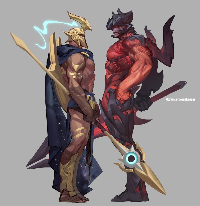 2_horns curved_horn duo eye_contact fighters horn knight looking_at_another male muscular muscular_human muscular_humanoid muscular_male standing warrior cerberuskeeper league_of_legends riot_games tencent aatrox_(lol) pantheon_(lol) demon human humanoid mammal 2024 hi_res