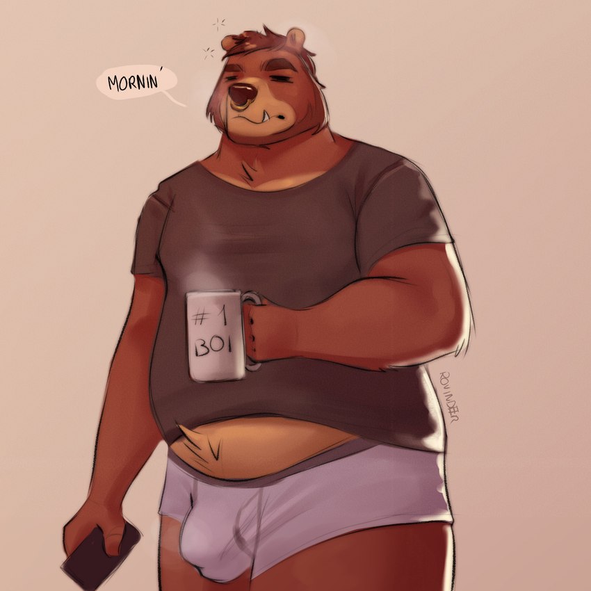 anthro belly boxer_briefs brown_body bulge clothing container cup eyes_closed facial_piercing male mug nose_piercing nose_ring overweight overweight_male piercing ring_piercing shirt solo text tired topwear underwear rovindeer gabriel_(rovindeer) bear mammal 1:1 2020 absurd_res hi_res