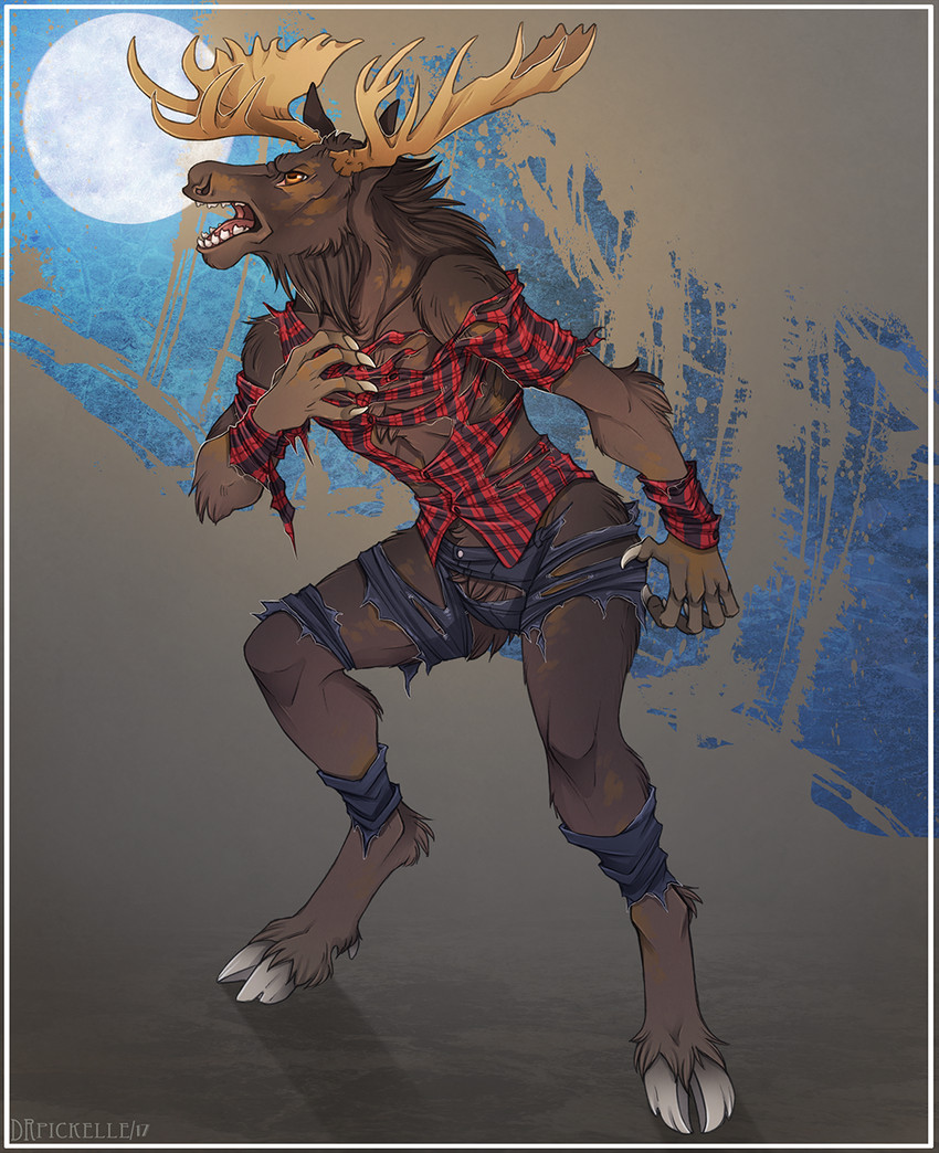 anthro antlers brown_body brown_fur claws clothing cloven_hooves flannel full_moon fur hooves horn male moon night open_mouth solo torn_clothing transformation wardrobe_malfunction drpickelle deer mammal moose new_world_deer werecreature weredeer hi_res