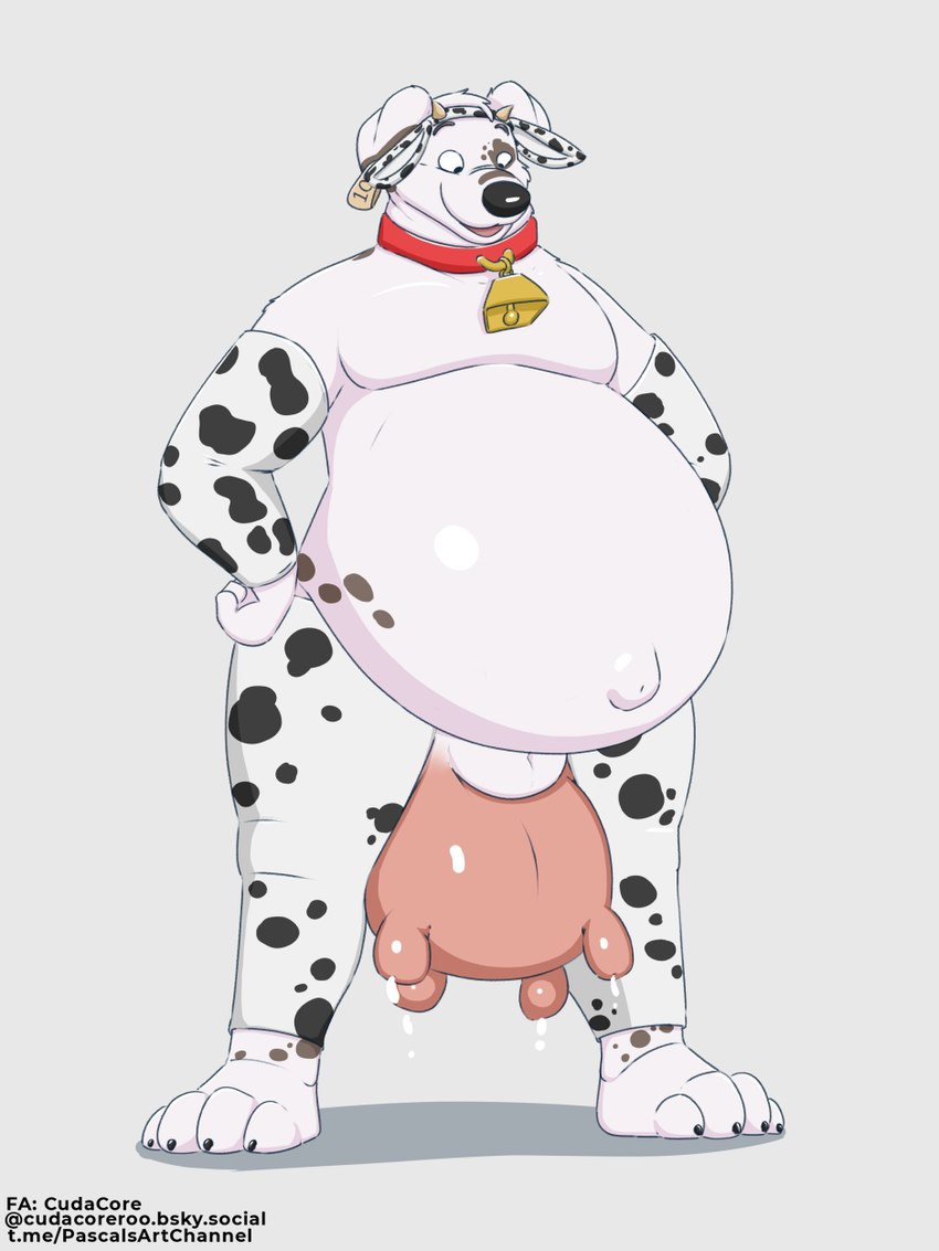 animal_genitalia belly belly_inflation big_belly bodily_fluids cow_costume cowbell cum cum_drip dripping feet genital_fluids genitals inflation male navel outie_navel paws pregnant pregnant_male sheath slightly_chubby teats toes udder_balls udders cudacore pascal_(cudacore) hi_res