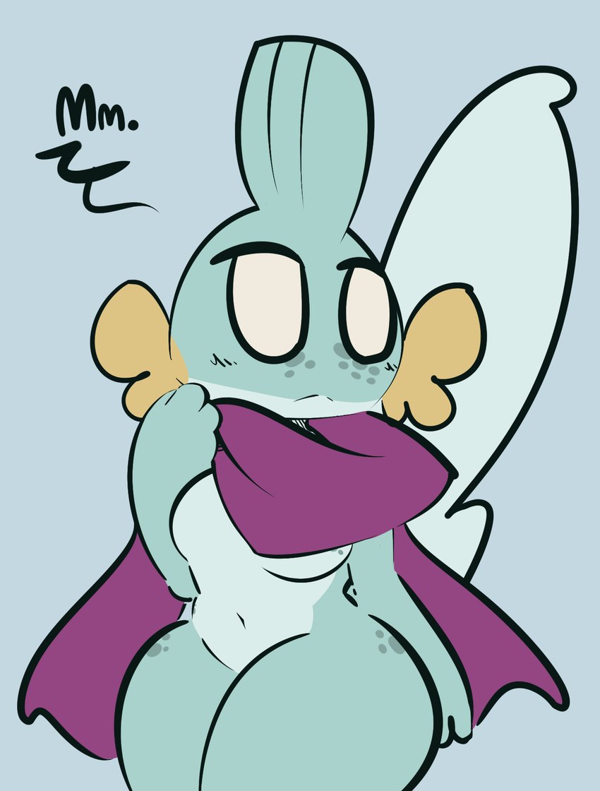 age_progression anthro blue_body blush blush_lines bottomless breasts cheek_fins clothed clothing female fin freckles frown mostly_nude purple_scarf scarf scarf_only simple_background solo tail tail_fin 1upgobbo nintendo pokemon kay_(1upgobbo) generation_3_pokemon mudkip pokemon_(species) hi_res