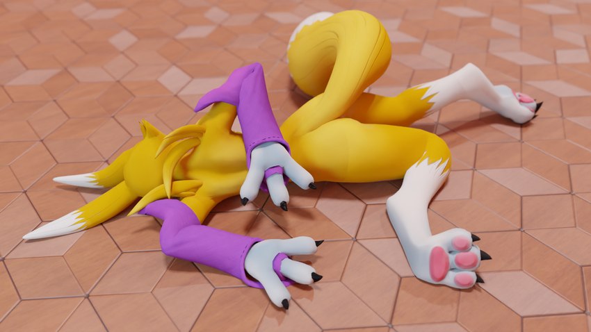 anthro arm_bent butt feet female fur hand_behind_back lying nude on_ground simple_background solo white_body white_fur yellow_body yellow_fur squeeshy bandai_namco digimon family_guy_death_pose canid canine digimon_(species) mammal renamon 16:9 3d_(artwork) digital_media_(artwork) hi_res meme widescreen