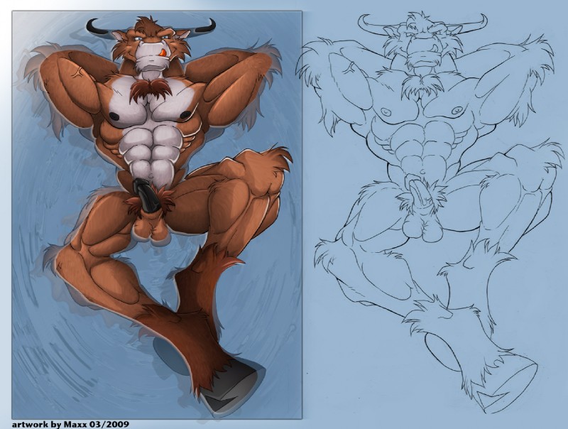 abs anthro arms_bent arms_in_water balls bathing before_and_after bent_legs biceps big_muscles biped black_nipples black_penis brown_body brown_fur brown_hair erection foot_in_water fur genitals hair hands_behind_head hooves horn huge_muscles leg_in_water licking lying lying_in_water male muscular muscular_anthro muscular_male nipples nude on_back partially_submerged pecs penis pose raised_arms shallow_water smile solo submerged_arms submerged_leg tongue tongue_out vein water white_body white_fur maxx777 european_mythology greek_mythology mythology bovid bovine mammal minotaur 2009 digital_drawing_(artwork) digital_media_(artwork) full-length_portrait mixed_media portrait