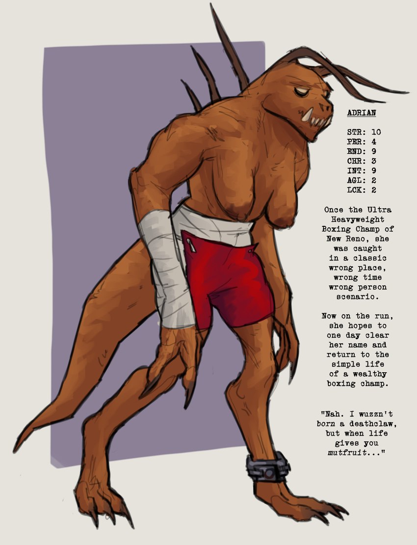 ankle_cuffs bandage bandaged_arm bottomwear breasts brown_body brown_skin character_bio claws clothed clothing cuff_(restraint) female furgonomic_bottomwear furgonomics muscular muscular_female restraints sagging_breasts sharp_teeth solo spikes spikes_(anatomy) tail teeth text thick_tail topless md34 fallout microsoft deathclaw scalie english_text hi_res