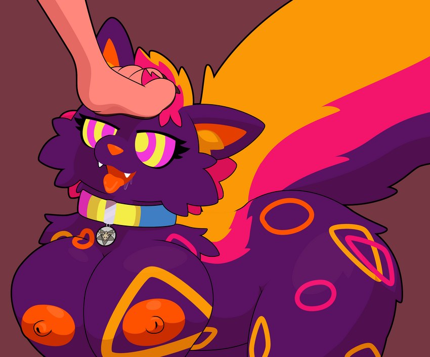 anthro big_breasts bodily_fluids breasts cheek_tuft drooling duo facial_tuft feet female fluffy fluffy_tail foot_focus foot_on_head fur geometric_pattern hair hypnosis lgbt_pride mind_control nipples occult_symbol open_mouth pansexual_pride_colors paws pentagram pride_colors purple_body purple_fur saliva satanic_symbol simple_background smile symbol tail tongue tuft starrydraco azzie_(auntie_naff) starry_(starrydraco) domestic_cat felid feline felis mammal absurd_res digital_media_(artwork) hi_res nonbinary_(lore) trans_(lore) trans_woman_(lore)