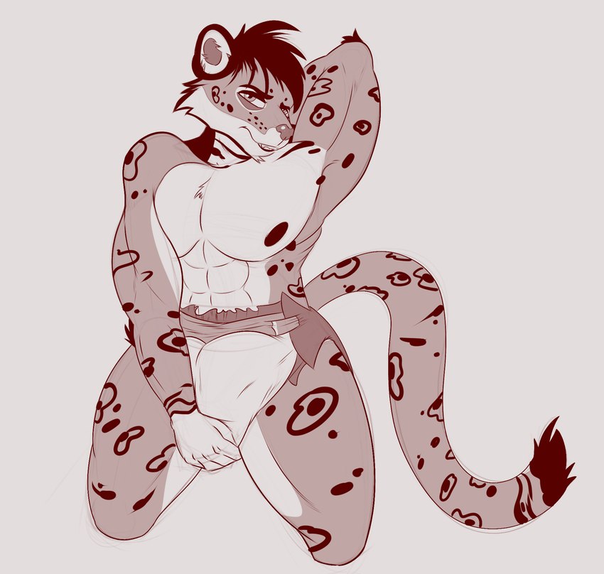 anthro clean_diaper clothed clothing crotch_grab diaper front_view grope kneeling looking_at_viewer male muscular pose raised_arm solo wearing_diaper steelshark felid jaguar mammal pantherine hi_res monochrome sketch