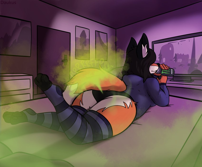 anthro bed bedroom bottomwear brown_hair butt butt_heart clothing controller electronics fart fart_fetish female furniture gaming hair hoodie inner_ear_fluff legwear lying monster_energy_can on_front orange_body panties solo television thigh_highs topwear tuft underwear daukus monster_energy laura_(daukus) canid canine fox mammal hi_res