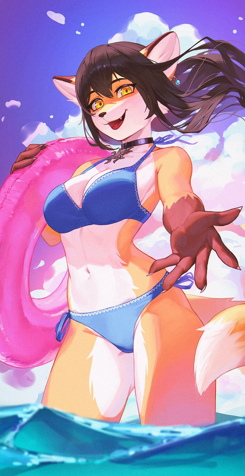 accessory anthro bikini brown_hair clothing ear_piercing ear_ring female gesture hair jewelry kemono looking_at_viewer multicolored_body necklace orange_body piercing ring_piercing sky smile solo swim_ring swimwear two-piece_swimsuit water welcoming white_body yellow_eyes pinkerie cynthia_saito canid canine fox mammal 2024 hi_res