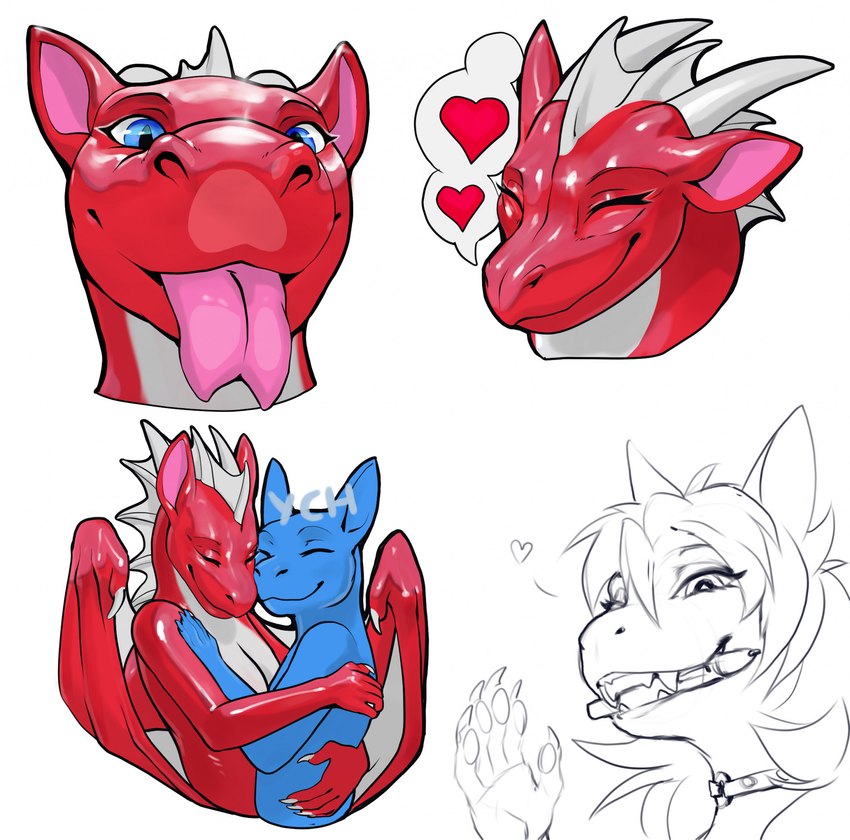 2_horns 5_fingers anthro belly blep blue_eyes cameo claws conjoined_speech_bubble duo eyes_closed female finger_claws fingers forked_tongue frill_(anatomy) head_crest head_frill heart_symbol horn hug latex latex_body licking licking_viewer membrane_(anatomy) membranous_frill membranous_wings pink_inner_ear pink_tongue pupils red_body red_latex slit_pupils smile solo speech_bubble sticker_pack tongue tongue_out white_belly white_claws white_frill white_horn wings rakisha mythology dragon mythological_creature mythological_scalie scalie 2024 hi_res