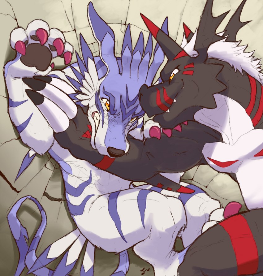 anthro black_body claws crater duo feral fight fur growling hair male pinned pinned_to_wall smile smirk striped_body striped_fur stripes white_hair yellow_eyes dahecksajerry bandai_namco digimon canid canine canis digimon_(species) garurumon growlmon mammal scalie wolf