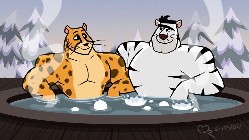 anthro black_eyebrows black_hair black_stripes clothed clothing duo eyebrows fur hair hot_tub male male/male muscular muscular_anthro muscular_male plant smile striped_body striped_fur stripes topless topless_anthro topless_male tree unibrow water whiskers white_body white_fur gepredators cartoon_network my_gym_partner's_a_monkey alistair_white_tiger mr._cheetah_(mgpam) cheetah felid feline mammal pantherine tiger 16:9 2021 dated hi_res signature widescreen