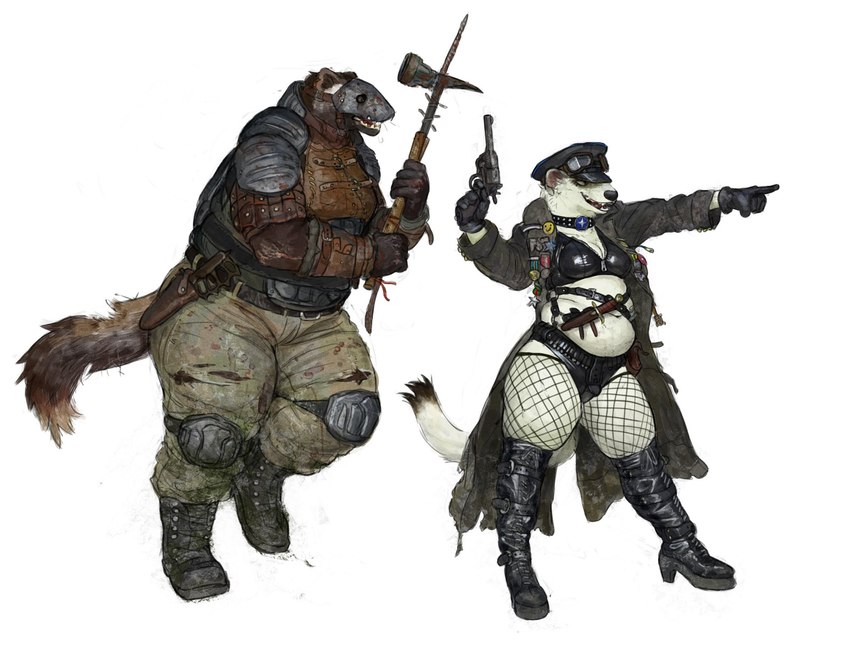 anthro armor belly belly_folds belly_rolls bikini boots bottomwear bra breasts brown_body brown_fur bullet clothed clothing coat dirty duo eyewear eyewear_on_head female fishnet_clothing fishnet_legwear footwear fully_clothed fur gesture gloves goggles goggles_on_head gun hammer hand_gesture handgun handwear hat headgear headwear helmet high_heeled_boots high_heels holding_object holding_weapon holster knee_pads knife leather leather_bikini leather_clothing leather_swimwear legwear lingerie love_handles medal melee_weapon open_mouth overweight overweight_anthro overweight_female panties pants partially_clothed pauldron pistol pointing ranged_weapon revolver running shirt shoes simple_background slightly_chubby slightly_chubby_anthro slightly_chubby_female smile standing swimwear tail teeth thick_thighs thigh_boots thigh_highs tools topwear torn_clothing trenchcoat two-piece_swimsuit underwear vest warhammer weapon white_background white_body white_fur cettus hilde_albrecht maren_sommer gulonine mammal mustelid musteline stoat true_musteline weasel wolverine 2023 hi_res