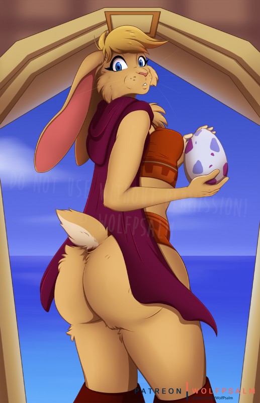 anthro breasts butt butt_pose clothed clothing female looking_at_viewer looking_back low-angle_view no_underwear pose solo upskirt wolfpsalm activision spyro_the_dragon bianca_(spyro) lagomorph leporid mammal rabbit hi_res watermark