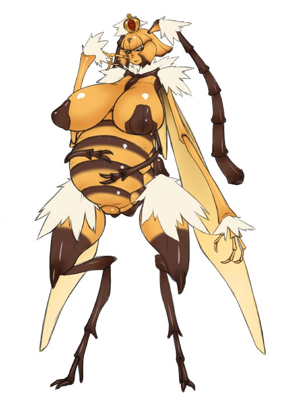 antennae_(anatomy) anthro arthropod_abdomen belly big_belly big_breasts black_sclera breasts clothed clothing digitigrade female fur huge_breasts insect_wings looking_at_viewer monster_girl_(genre) multi_arm multi_limb neck_tuft non-mammal_breasts orange_eyes pregnant queen royalty simple_background solo tuft white_background white_body white_fur wide_hips wings namu_gunsou arthropod bee hymenopteran insect hi_res