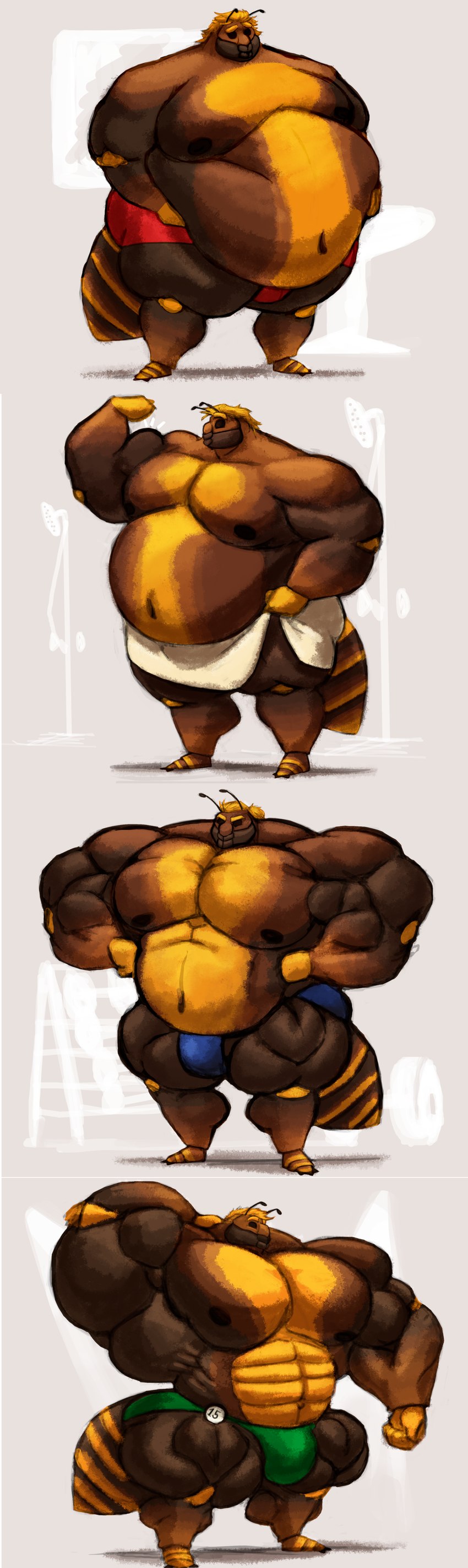 abs antennae_(anatomy) anthro belly belly_overhang big_belly big_muscles bottomwear clothed clothing fat_rolls flexing flexing_bicep growth growth_sequence hand_behind_head huge_muscles hyper hyper_muscles male moobs morbidly_obese morbidly_obese_anthro morbidly_obese_male multicolored_body muscle_growth musclegut muscular muscular_anthro muscular_male navel nipples non-mammal_nipples obese obese_anthro obese_male overweight overweight_anthro overweight_male pecs shorts simple_background solo thorax towel two_tone_body underwear silver-stag matt_(silver-stag) arthropod bee hymenopteran insect 2020 absurd_res hi_res sequence