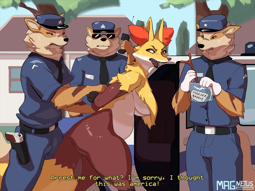 anthro arrested big_breasts breast_curtains breasts clothing cuff_(restraint) female fur group handcuffs male metal_cuffs police red_body red_fur restraints text under_boob uniform white_body white_fur yellow_body yellow_fur magnetus nintendo pokemon arcanine canid canine delphox generation_1_pokemon generation_6_pokemon mammal pokemon_(species) 2024 4:3 english_text hi_res