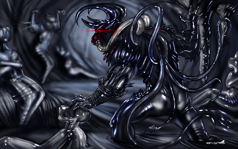 arthropod_webbing back_tentacles bdsm bondage bound chrysalis cocooned encasement gimp_suit glowing glowing_eyes group latex red_eyes tentacles web_bondage croft monster