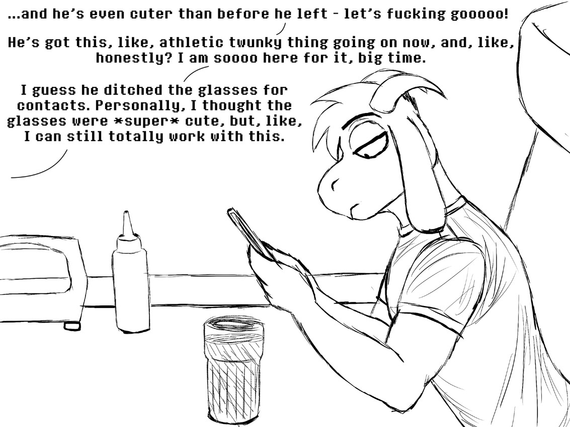 anthro clothing condiment dialogue diner electronics half-closed_eyes horn male narrowed_eyes phone profanity restaurant shirt solo t-shirt text topwear komododad deltarune undertale undertale_(series) asriel_dreemurr boss_monster_(undertale) bovid caprine goat mammal 2025 4:3 black_and_white comic english_text hi_res monochrome