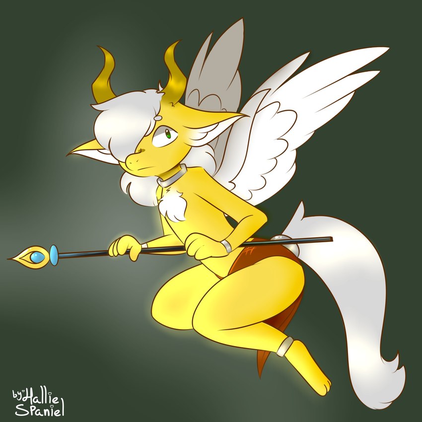 angelic anthro bottomwear chest_tuft clothed clothing collar cuffs_(clothing) feathered_wings feathers fur green_eyes grey_body grey_fur holding_object holding_weapon horn jewelry loincloth loincloth_only male open_wings solo staff topless tuft weapon wings yellow_horn hallie.spaniel yayuri furred_kobold furred_scalie kobold scalie winged_kobold 1:1 absurd_res hi_res