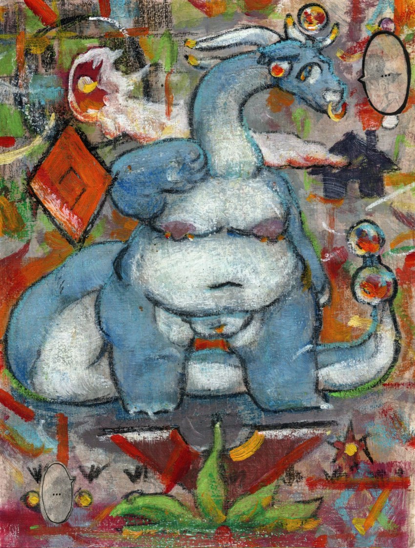 abstract_art abstract_background anthro belly facial_piercing fupa horn long_neck long_tail male moobs multimedia navel nipple_piercing nipples nose_piercing nose_ring nude overweight painterly painting piercing ring_piercing slightly_chubby solo standing tail thick_tail thick_thighs wide_hips luteplayer mythology dragon mythological_creature mythological_scalie scalie hi_res