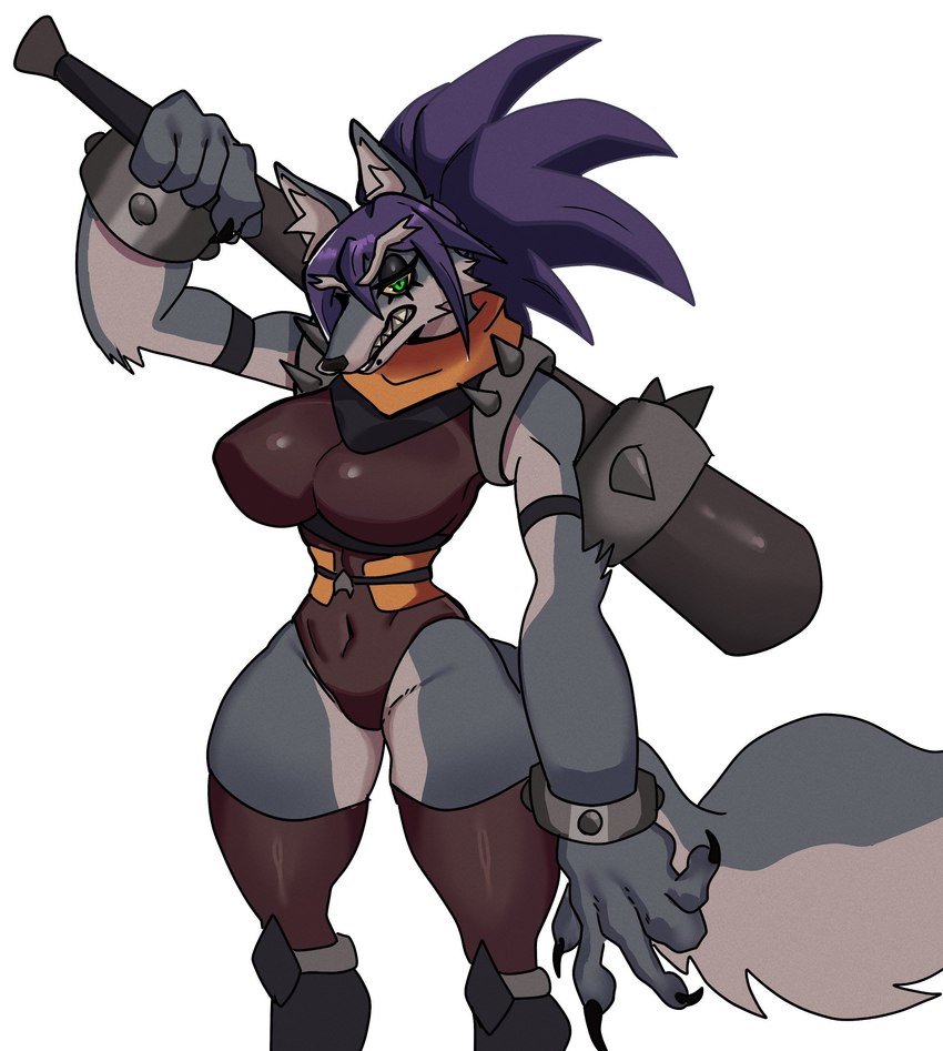 5_fingers anthro arm_tuft big_breasts black_nose breasts clothing club_(weapon) countershading cuff_(restraint) curvy_figure elbow_tuft eyebrows female fingers front_view fur glistening_eyelids green_eyes grey_body grey_countershading grey_face grey_fur grey_tail hair holding_club holding_melee_weapon holding_object holding_weapon hourglass_figure legwear lidded_eyes melee_weapon multicolored_body multicolored_fur narrowed_eyes navel_outline purple_hair restraints sharp_teeth simple_background small_waist solo tail teeth topwear tuft two_tone_body two_tone_face two_tone_fur weapon white_background wrist_cuffs palesnake asian_mythology east_asian_mythology japanese_mythology mythology luka_(palesnake) canid canine canis domestic_dog mammal okuri-inu wolf yokai 2023 digital_drawing_(artwork) digital_media_(artwork) hi_res portrait three-quarter_portrait