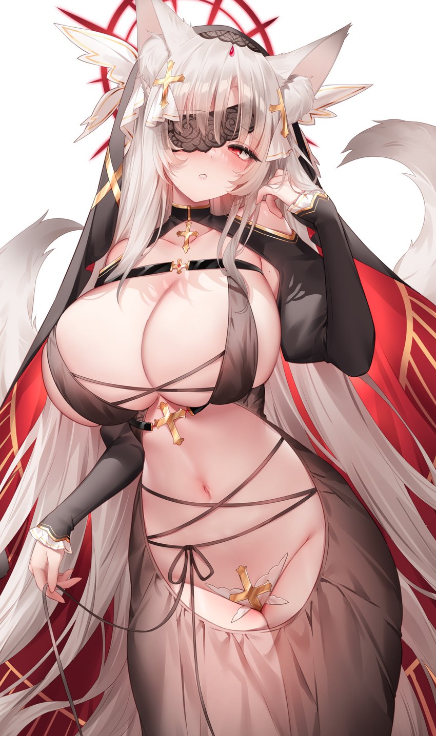 big_breasts blush breasts cleavage clothed clothing eye_patch eyewear female navel solo sora72iro_kaba9 animal_humanoid canid canid_humanoid canine canine_humanoid humanoid mammal mammal_humanoid hi_res