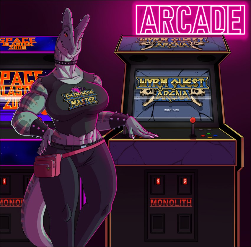 abs anthro arcade arcade_machine big_breasts biped black_bottomwear black_clothing black_pants black_shirt black_topwear bottomwear bracelet breasts choker clothed clothing crop_top detailed_background fanny_pack female front_view furgonomics furry-specific_piercing hand_on_hip inside jewelry looking_at_viewer midriff muscular muscular_anthro muscular_female necklace non-mammal_breasts orange_eyes pants piercing sharp_teeth shirt sleeveless_shirt solo spiked_bracelet spiked_choker spikes standing teeth topwear lordstevie dylian_hailford dilophosaurid dilophosaurus dinosaur prehistoric_species reptile scalie theropod 2021 portrait three-quarter_portrait