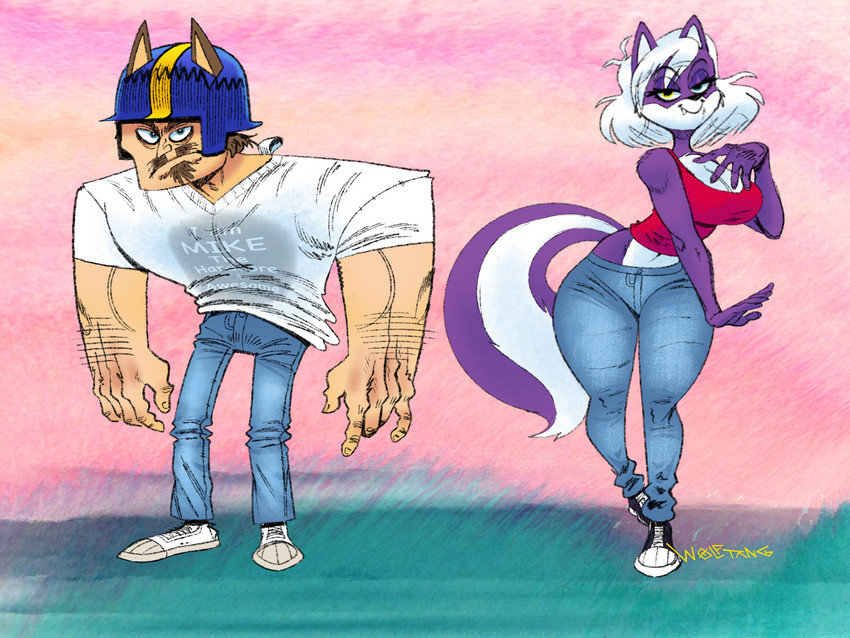 5_fingers anthro armor big_breasts bottomwear breasts canine_ears clothed clothing curvy_figure duo facial_hair fangs female fingers footwear fur hair headgear headwear helmet heterochromia looking_at_viewer male muscular muscular_arms muscular_male navel pants purple_body purple_fur shirt shoes smile teeth text text_on_clothing text_on_shirt text_on_t-shirt text_on_topwear topwear white_hair wide_hips wolftangart mike_and_melissa melissa_mouffette mike_chenoweth animal_humanoid human humanoid hybrid mammal mephitid skunk 4:3 english_text hi_res