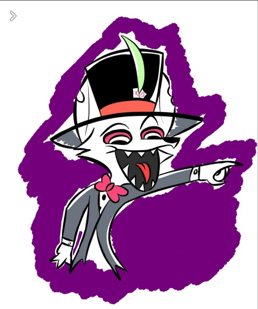 anthro bow_tie card clothing feathers fur hat headgear headwear heart_symbol laugh male solo top_hat white_body white_fur mrfoxluck helluva_boss fan_character mr._fox_harth_(take_your_luck) arctic_fox canid canine demon fox mammal true_fox hi_res