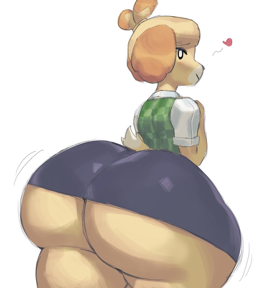 anthro big_butt bottom_heavy bottomwear butt clothing female heart_symbol huge_butt huge_hips huge_thighs looking_at_viewer looking_back monotone_bottomwear monotone_clothing monotone_skirt pencil_skirt shirt skirt smile solo thick_thighs topwear underbutt undershirt vest white_eyes wide_hips yellow_body undergroundj animal_crossing nintendo isabelle_(animal_crossing) canid canine canis domestic_dog mammal shih_tzu toy_dog digital_media_(artwork) hi_res