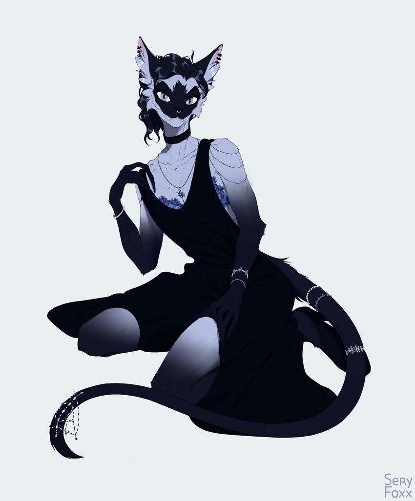 anthro black_clothing black_dress blue_body blue_fur clothed clothing collar crossdressing dress ear_piercing facial_piercing fangs fur hair jewelry looking_at_viewer male nose_piercing nose_ring piercing ring_piercing short_hair simple_background sitting solo tail teeth white_background seryfoxx domestic_cat felid feline felis mammal 2023 hi_res