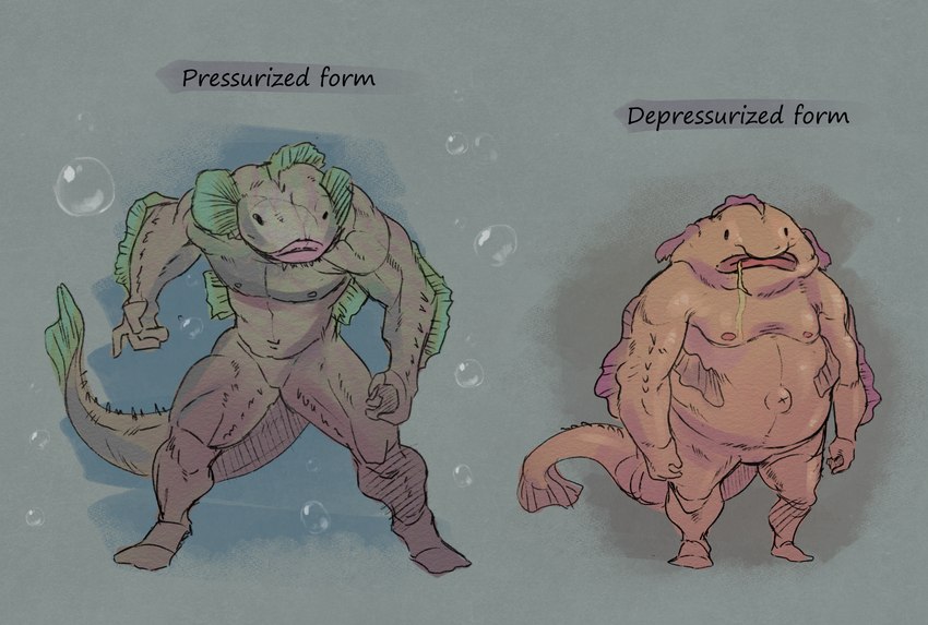 anthro biped bodily_fluids dorsal_fin drooling ear_fins featureless_crotch fin male muscular muscular_male nude overweight pecs saliva solo standing tail tail_fin text rappenem blobfish fish marine scorpaeniform sculpin english_text hi_res