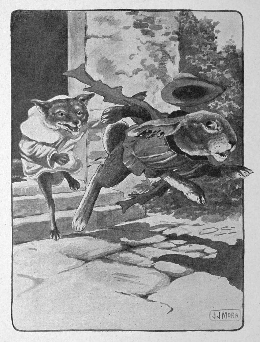 anthro barefoot biped blood bodily_fluids chasing clothed clothing duo feet hat headgear headwear long_ears male notched_ear outside running text joseph_jacinto_mora public_domain reynard_the_fox canid canine fox lagomorph leporid mammal rabbit red_fox true_fox 1920 20th_century ancient_art greyscale hi_res monochrome signature traditional_media_(artwork)