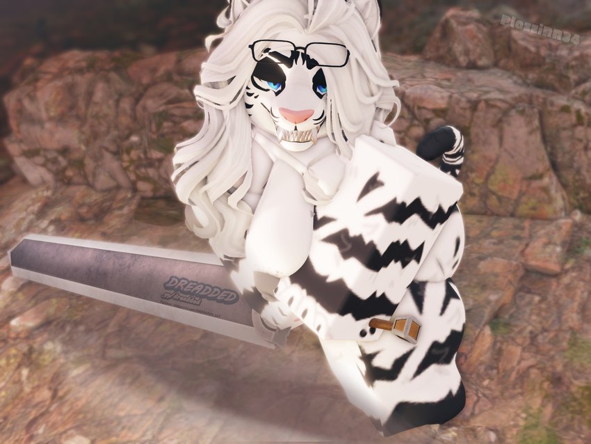 anthro big_breasts big_sword breasts eyewear fangs female glasses hair long_hair looking_at_viewer melee_weapon outside sharp_teeth solo stripes sword teeth thick_thighs weapon dreadded_llc roblox veronica_(dreadded) felid humanoid mammal pantherine 3d_(artwork) 4:3 digital_media_(artwork) hi_res