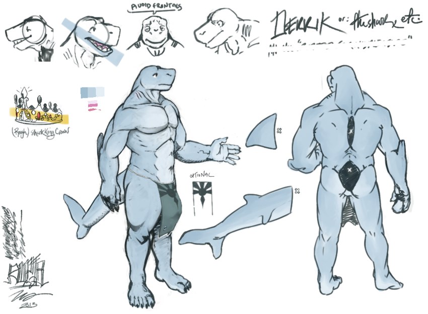 abs anthro bottomwear bulge clothing featureless_chest fin loincloth male muscular muscular_male pecs plantigrade rear_view solo tail three-quarter_view testosterone_(artist) derrik_(testosterone) fish marine shark 2013 model_sheet